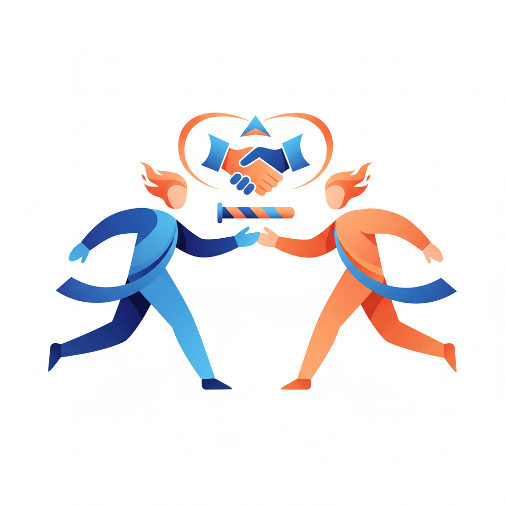 An abstract, professional illustration of a relay race baton pass, symbolizing leadership transition and trust, minimal corporate style, blue and orange tones, white background