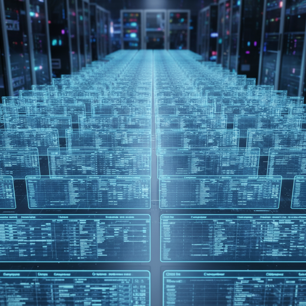 Infinite grid of floating translucent spreadsheets or tables, organized and symmetrical, soft blue lighting, high tech data center vibe