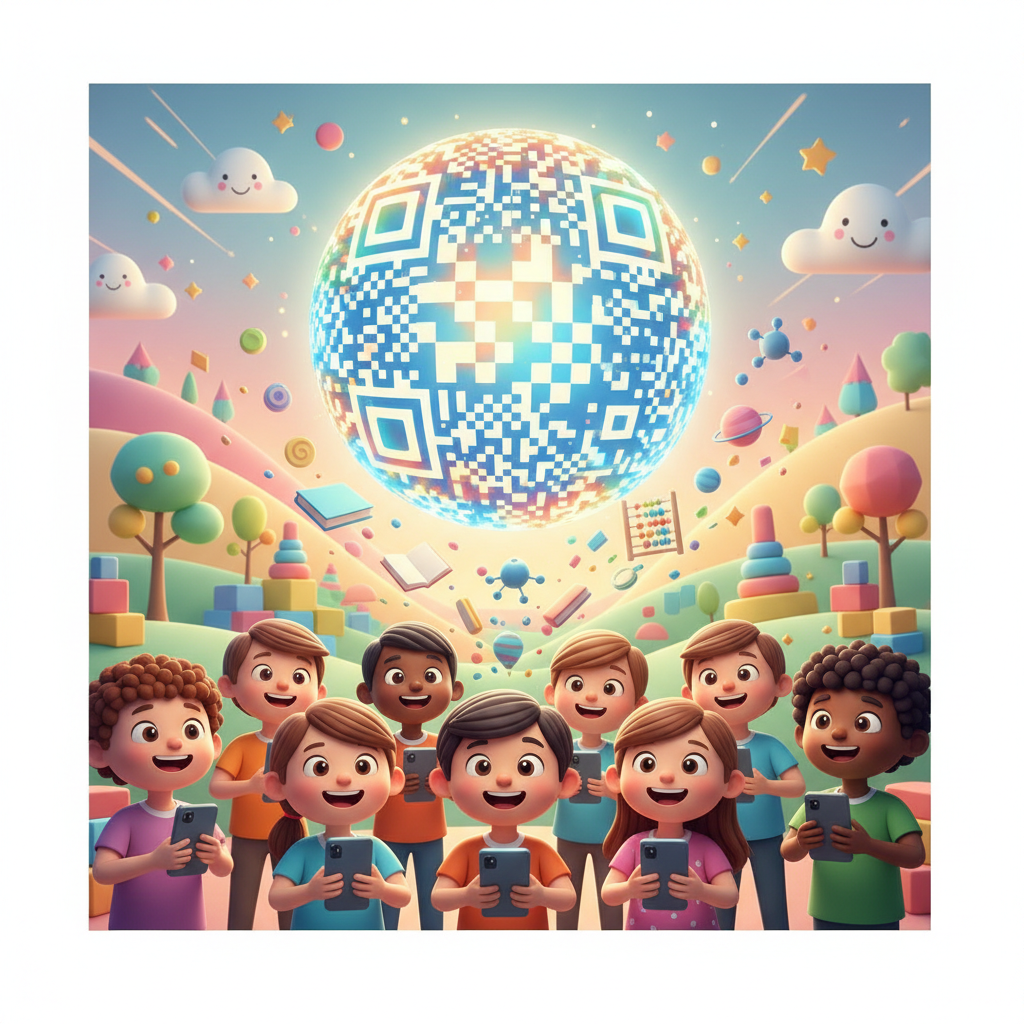 Colorul illustration of diverse children holding smartphones and looking happily at a giant floating glowing QR code, educational and fun atmosphere, 3d cartoon style, bright colors