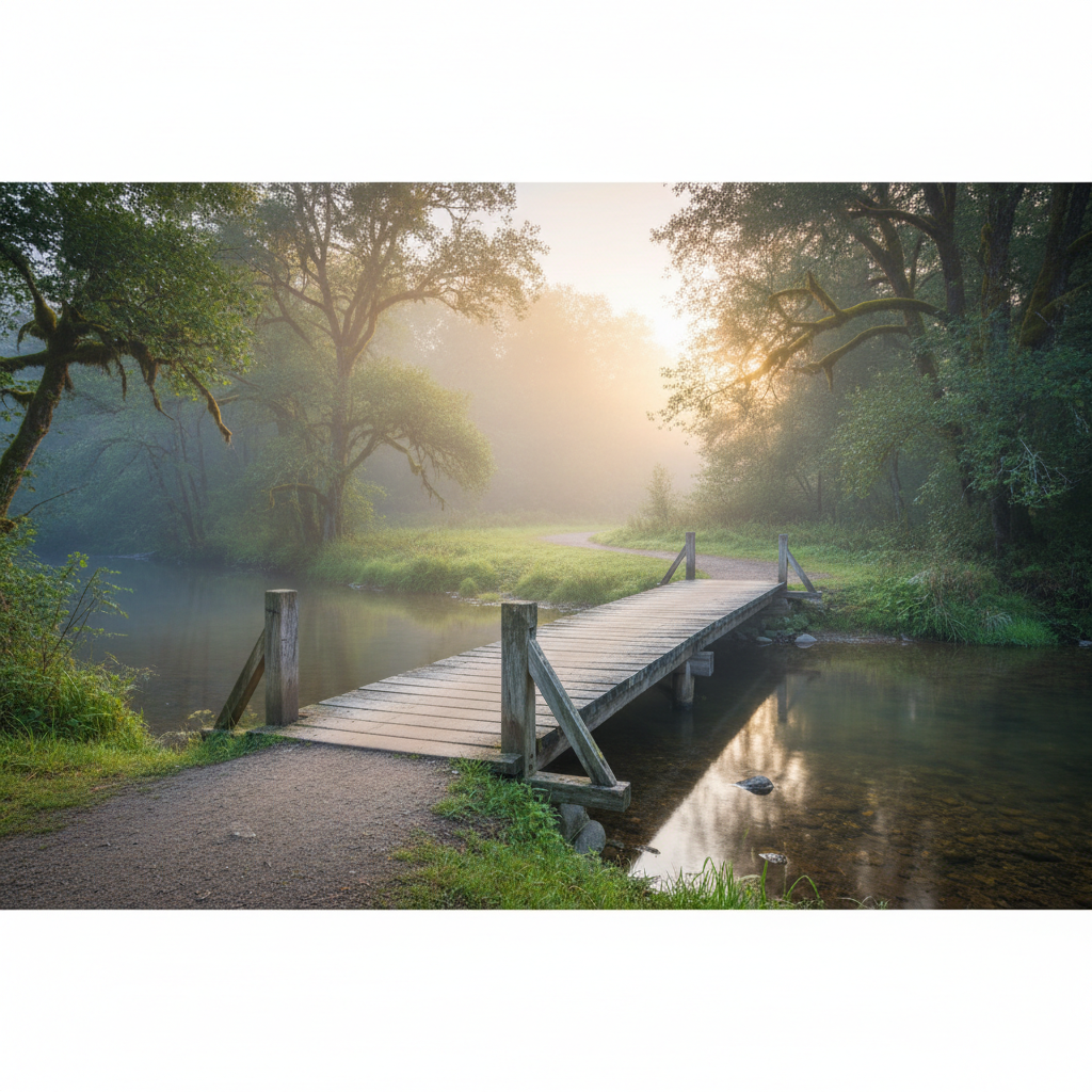 a simple wooden bridge crossing a calm stream, fog clearing, early morning light, connection, path forward, serene
