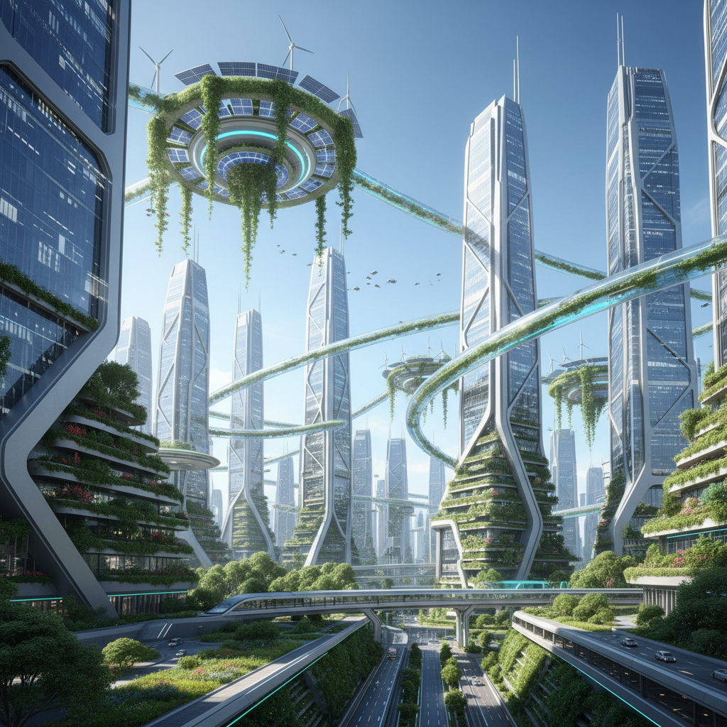 Futuristic clean city skyline with green growing plants interlaced with modern technology, symbolizing productivity and growth, bright day lighting