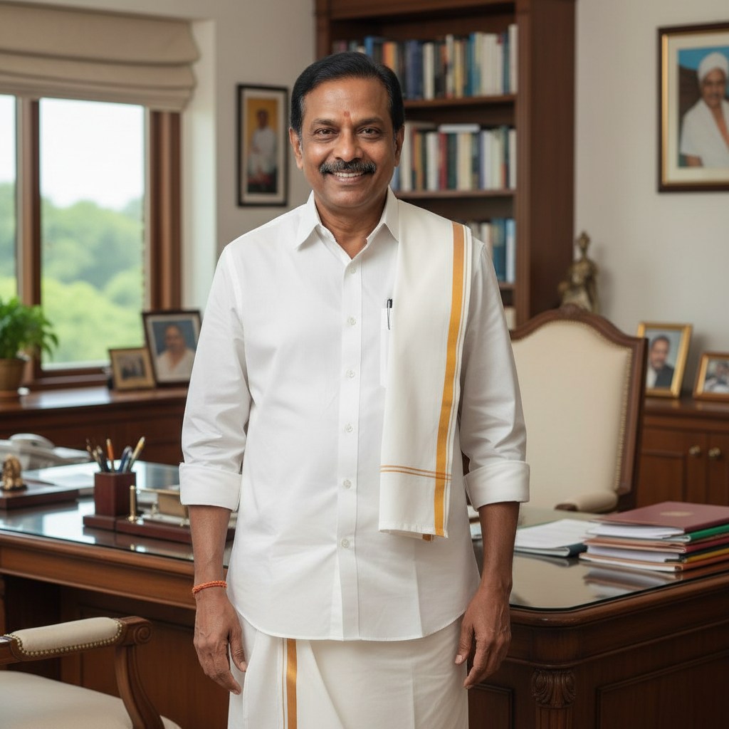 Realistic portrait of Siddaramaiah, Chief Minister of Karnataka, wearing traditional white dhoti and shirt with a towel on shoulder, smiling, office background