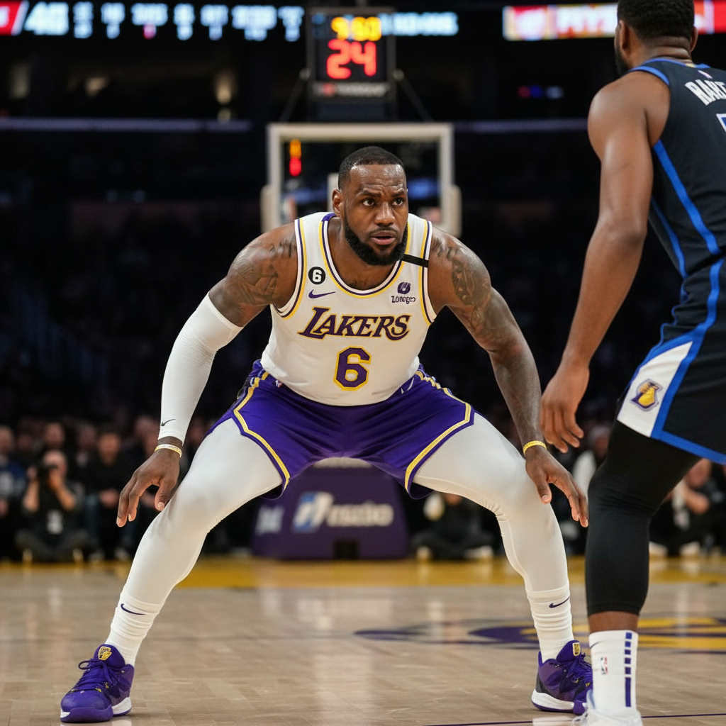 LeBron James guarding an opposing star one-on-one, defensive stance, focused expression