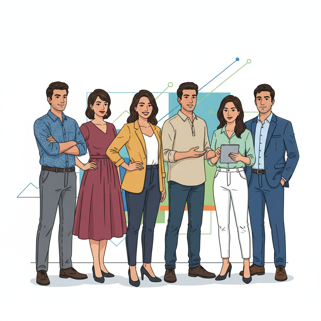 Diverse group of confident young Indian professionals standing together, business casual attire, vector illustration