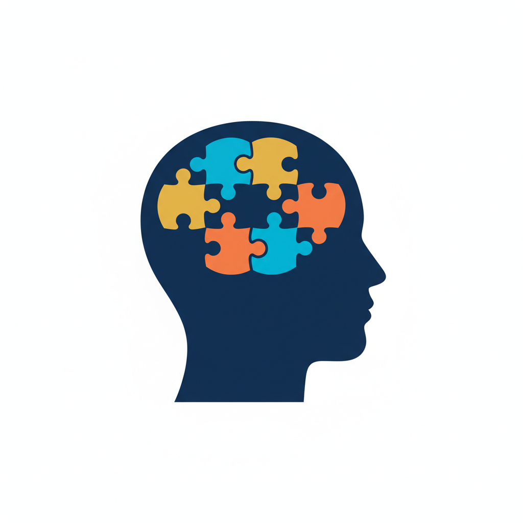 Minimalist vector illustration of a human head profile with colorful puzzle pieces inside the brain area, academic style, white background, navy blue and gold colors, flat design