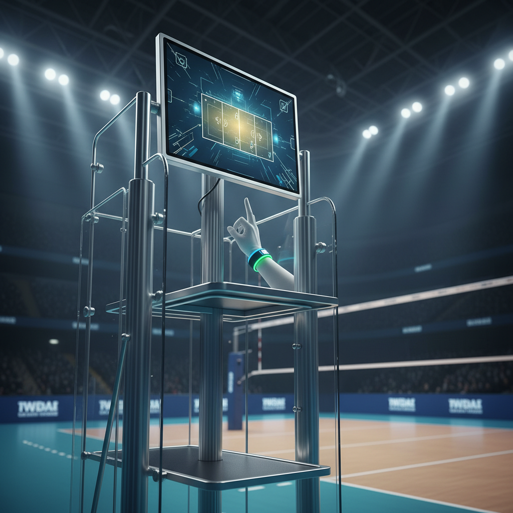 Side view of a volleyball referee stand with a monitor screen, focus on the technology and the referee hand signal, stadium lights