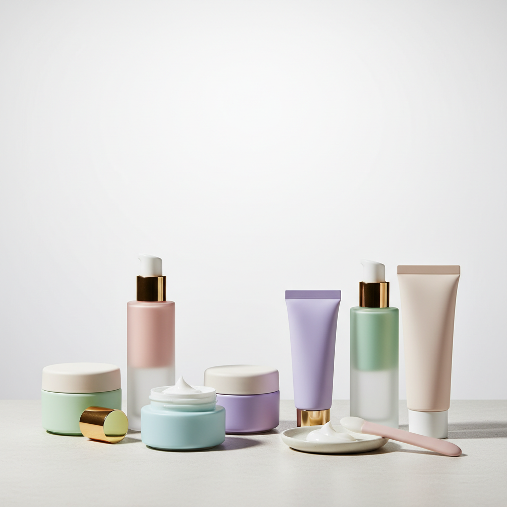 minimalist aesthetic skincare arrangement, pastel colors, soft studio lighting, high quality bottles and creams, photorealistic, clean background