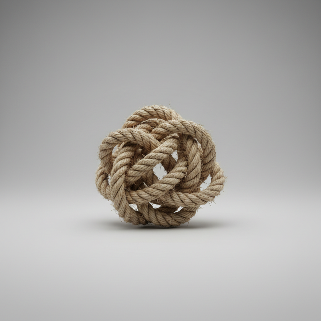 A close up of a tangled knot of rope on a clean neutral surface, symbolizing complex business problems requiring solutions, minimalist photography