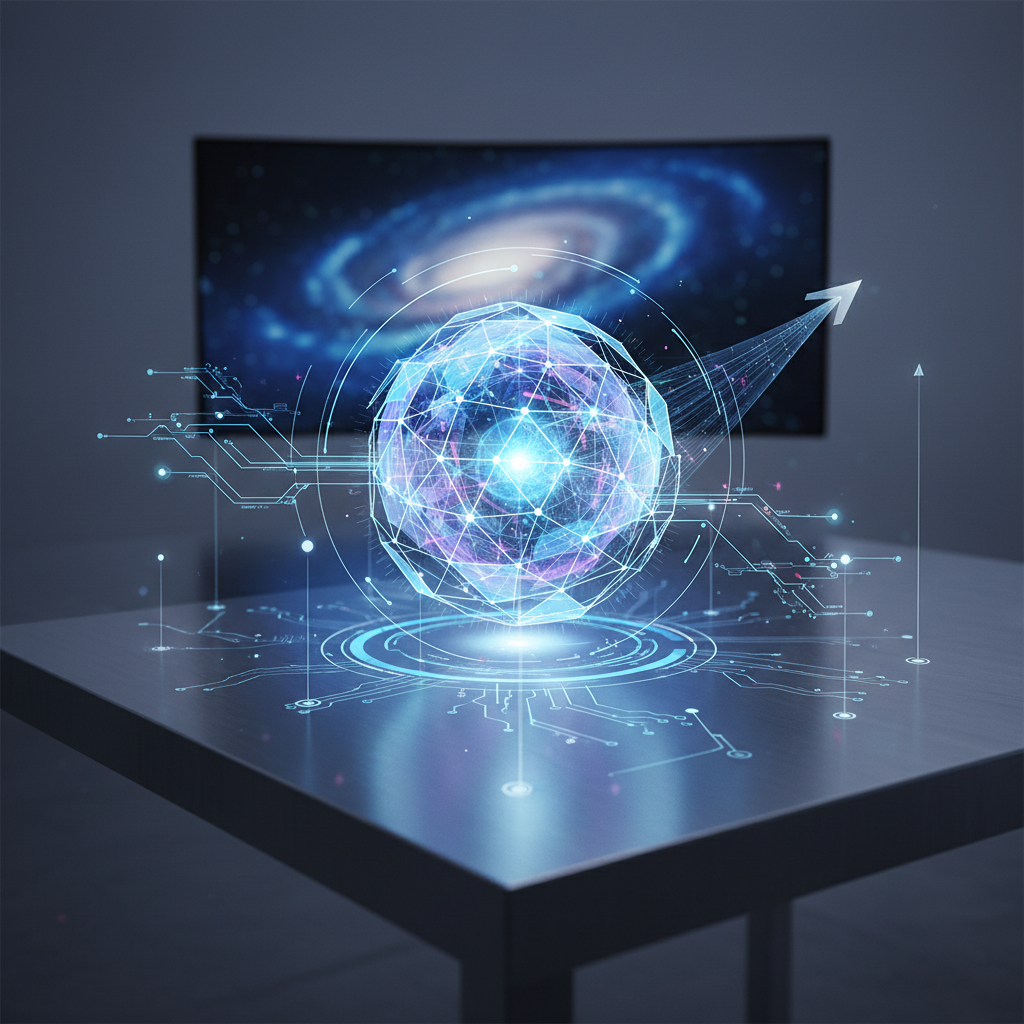 Futuristic compass or roadmap visualization on a desk, symbolising strategy and direction, technological style, photography