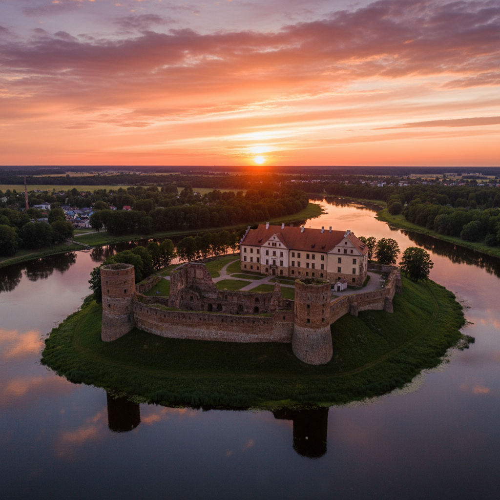 Cinematic drone shot of Bauska Castle in Latvia, located between two rivers Mūša and Mēmele, sunset lighting, mixture of medieval stone ruins and restored Renaissance palace, high resolution, majestic atmosphere