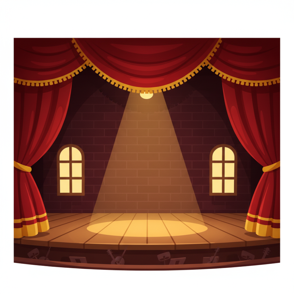 A cute theater stage with red curtains and a spotlight, cartoon style, waiting for a performer