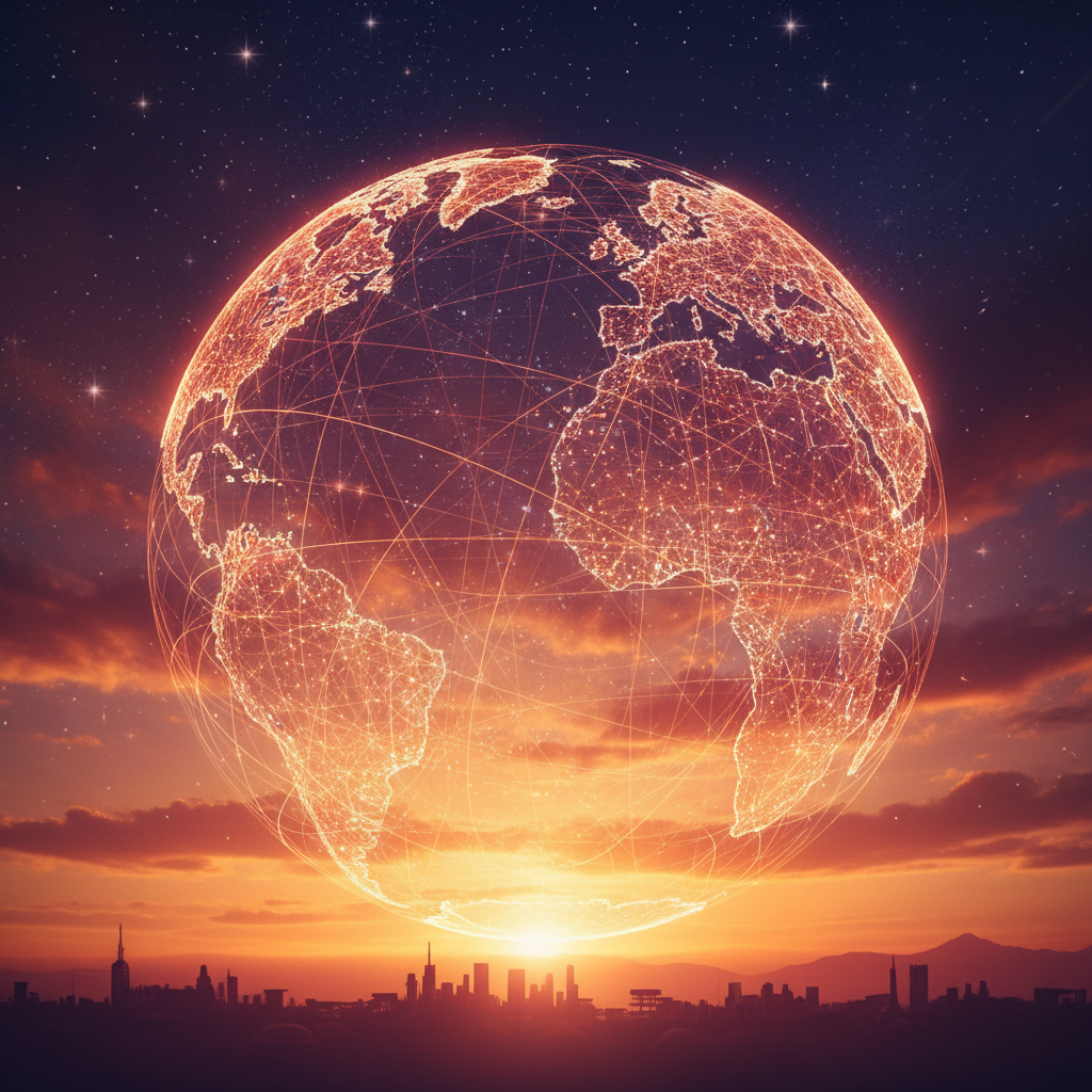 Inspirational image of global data connections traversing the globe, sunset gradients, warm orange and purple, connecting the world