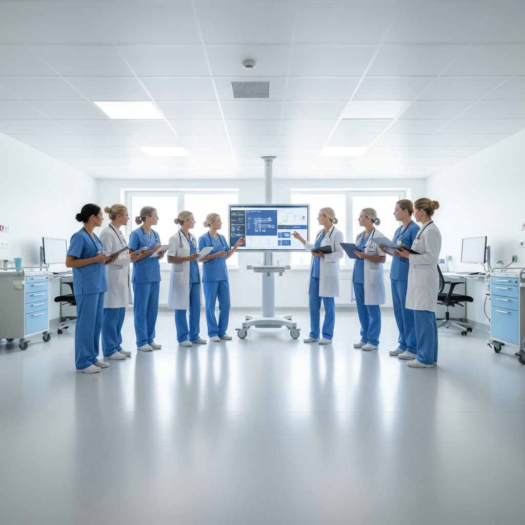 medical team briefing, nurses and doctors talking professionally, bright clean environment