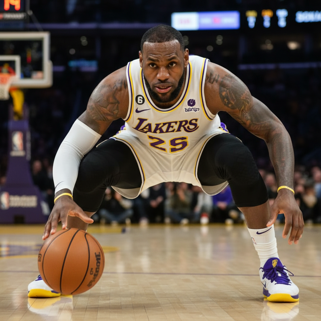 LeBron James dribbling the basketball low to the ground, intense concentration