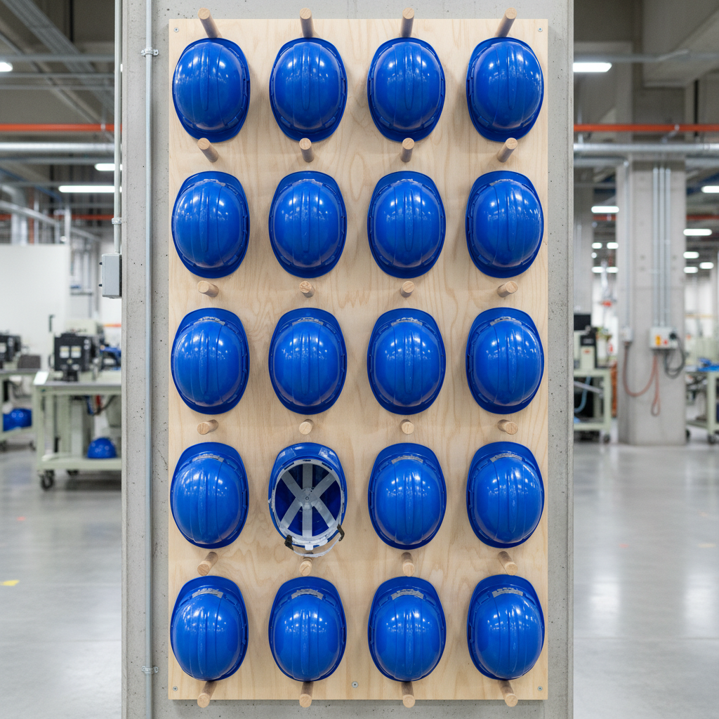 organized blue construction helmets on a wooden rack in a factory, Japanese 5S style organization
