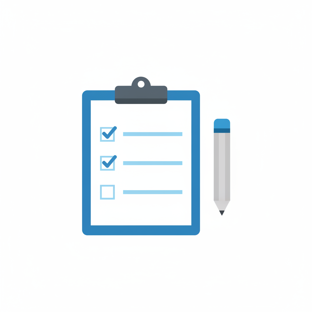 Minimalist vector illustration of a checklist on a clipboard with a pencil, flat design, corporate colors blue and grey, clean white background