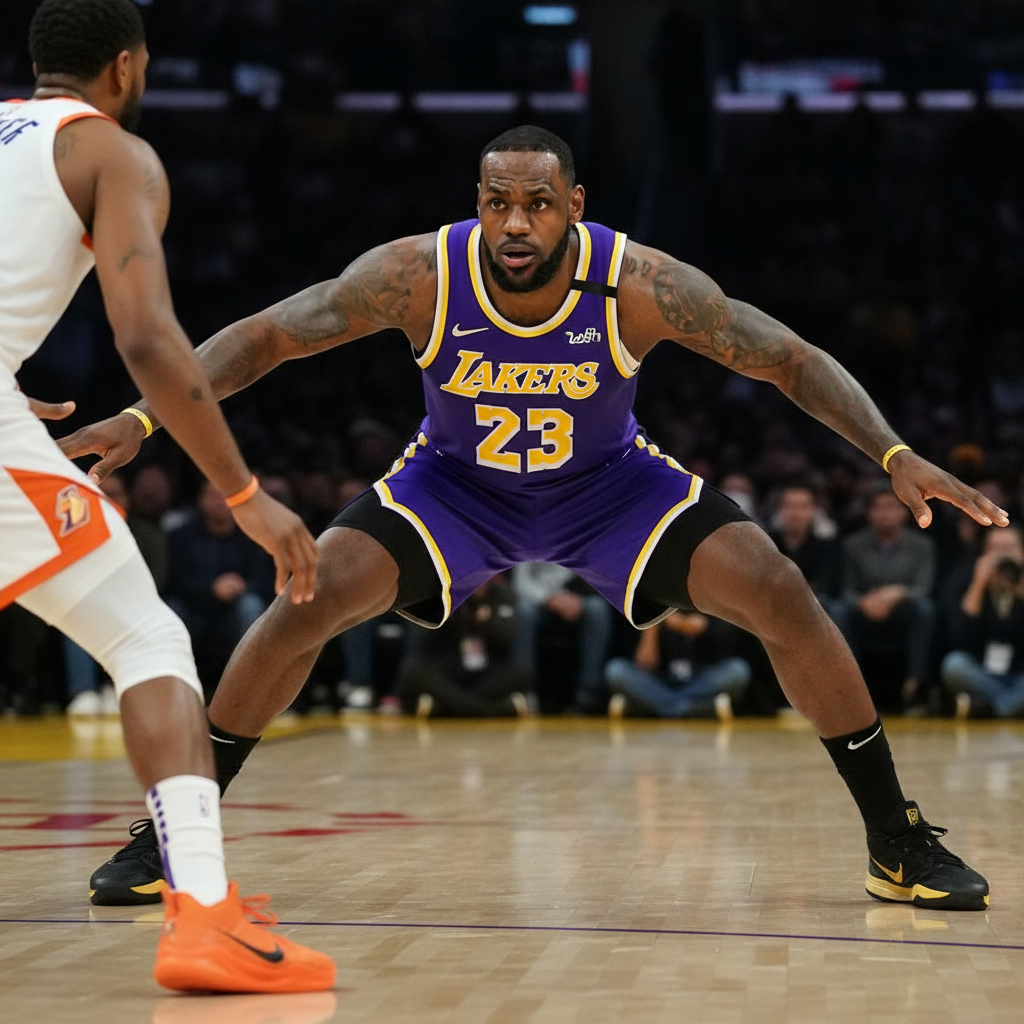 LeBron James guarding an opponent, defensive stance, focused expression