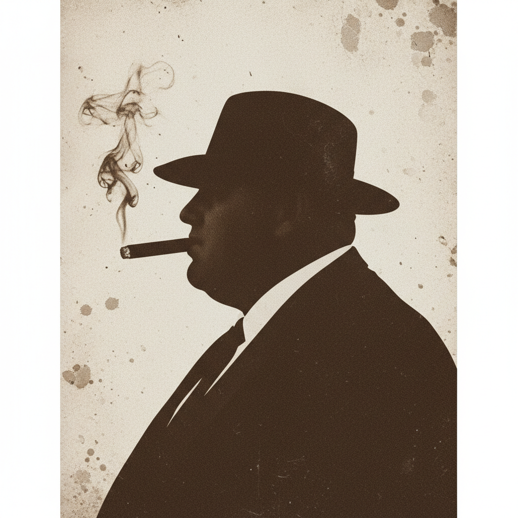 Silhouette of a generic hefty mobster wearing a fedora and smoking a cigar, vintage mugshot style, sepia, grainy texture, wanted poster vibe