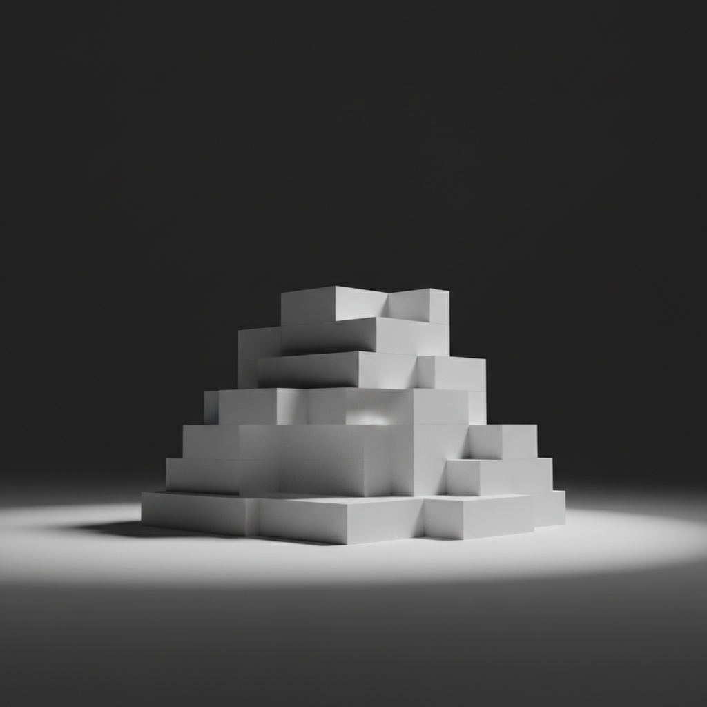 Abstract minimalist architectural foundation, white concrete blocks arranged perfectly on a dark background, dramatic lighting, high contrast