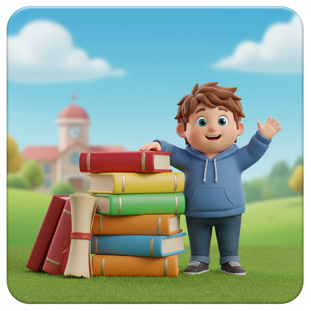 3D cartoon style image of a happy student standing next to a stack of big colorful books and an ancient scroll, waving hand