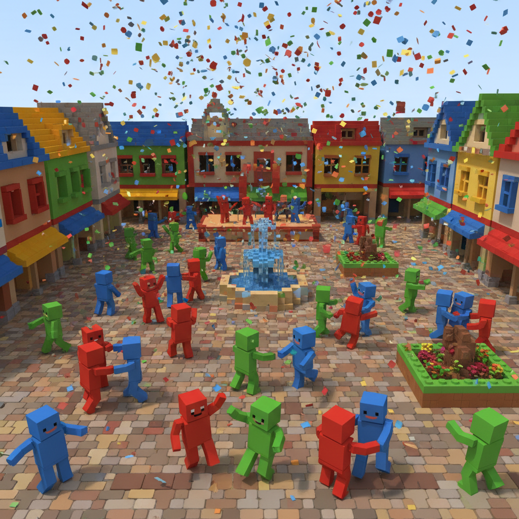 A bustling town square in a blocky world filled with diverse characters of different colors (red, green, blue) celebrating together. Confetti in the air. Voxel style.