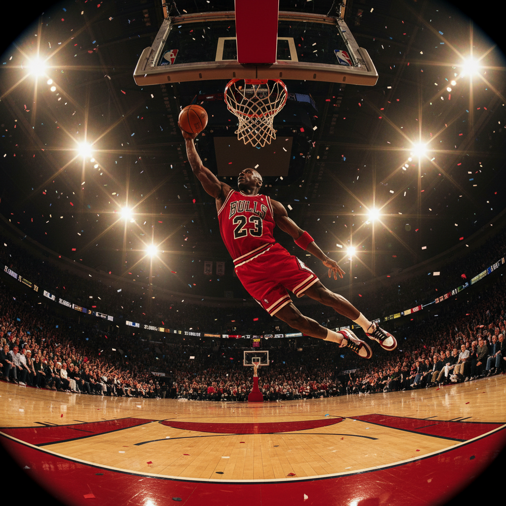 Michael Jordan iconic free-throw line dunk, Chicago Bulls, fisheye lens view from below, epic lighting