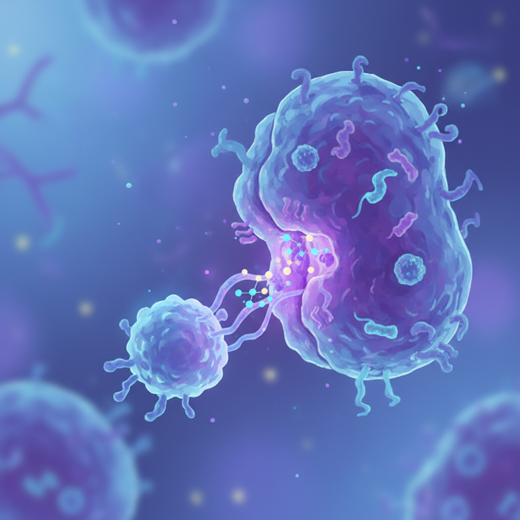 Microscopic view of a T-cell interacting with an antigen presenting cell, biological illustration, highly detailed, soft focus background, blue and purple lighting