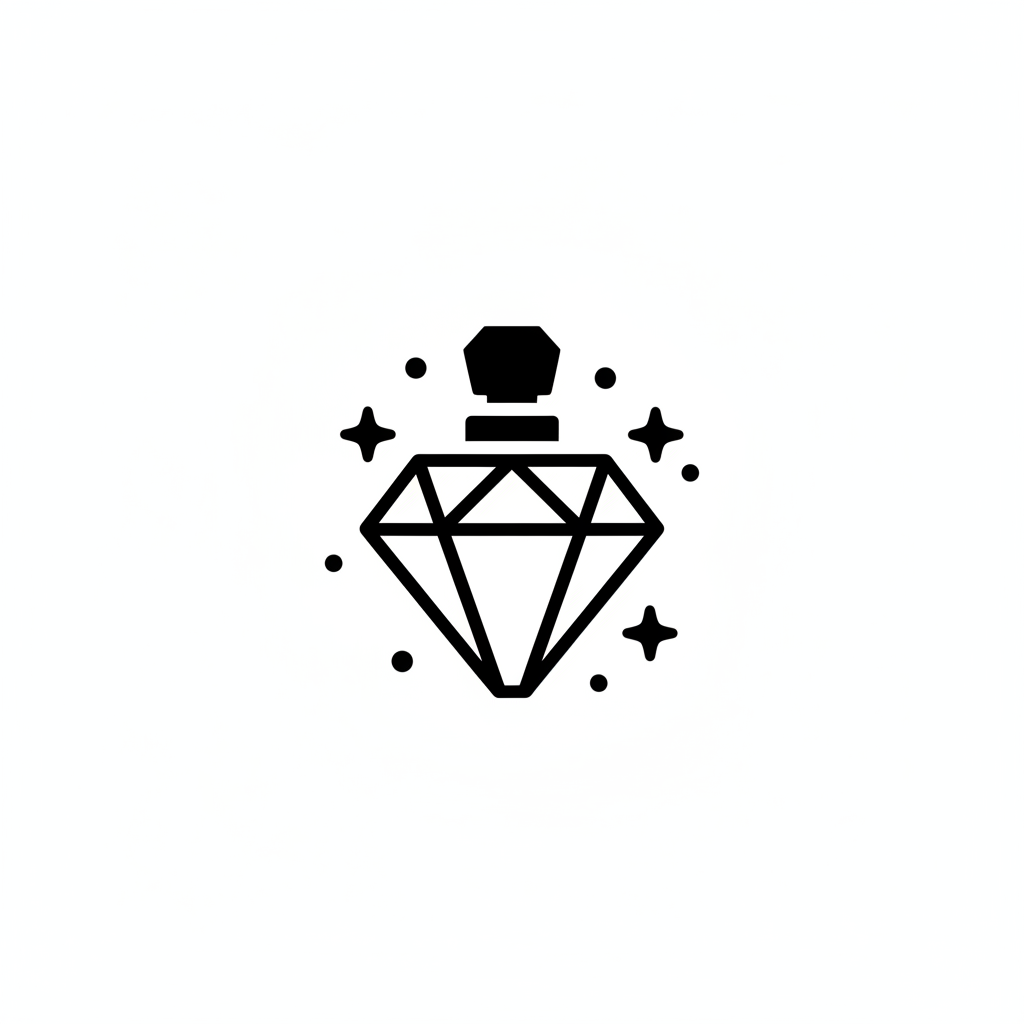 simple black icon of a diamond or a perfume bottle with sparkles, vector style, white background