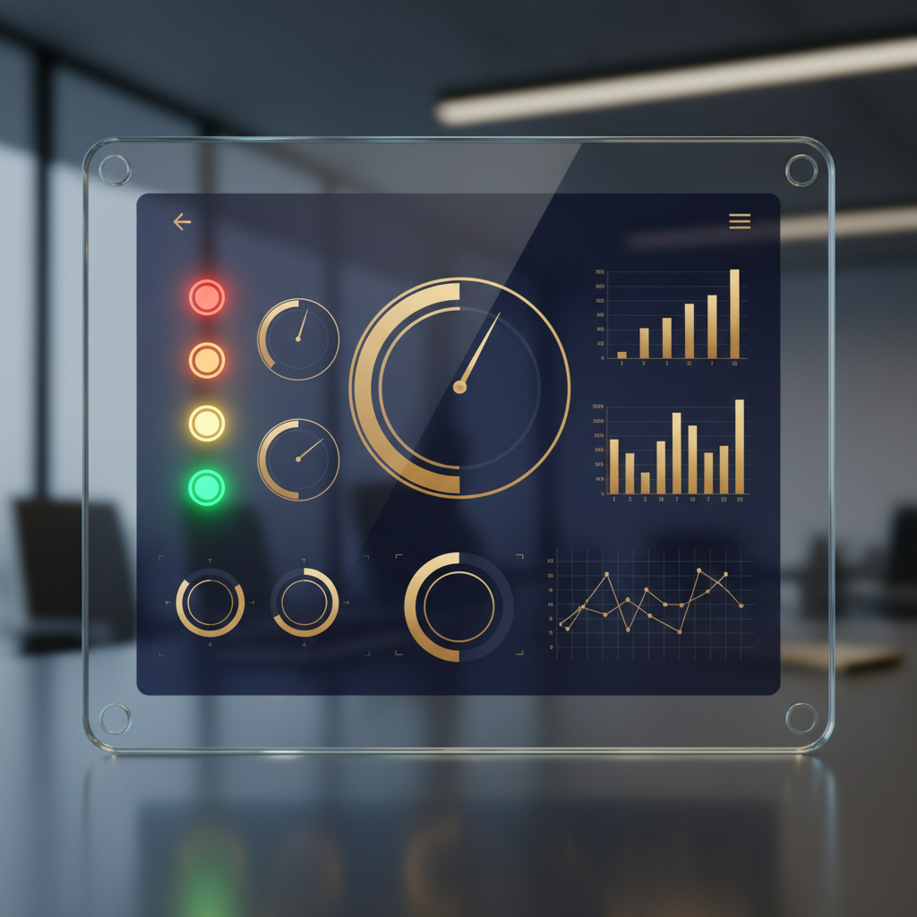 A modern digital dashboard user interface displayed on a glass tablet, showing gauges, traffic light indicators (Red Amber Green), and analytics charts, professional corporate style, navy and gold UI accents