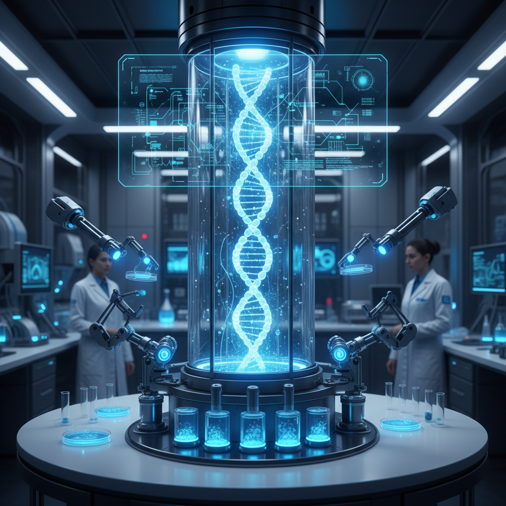 Futuristic laboratory concept, DNA sequencing of bacteria, glowing blue schematic, biotechnology concept