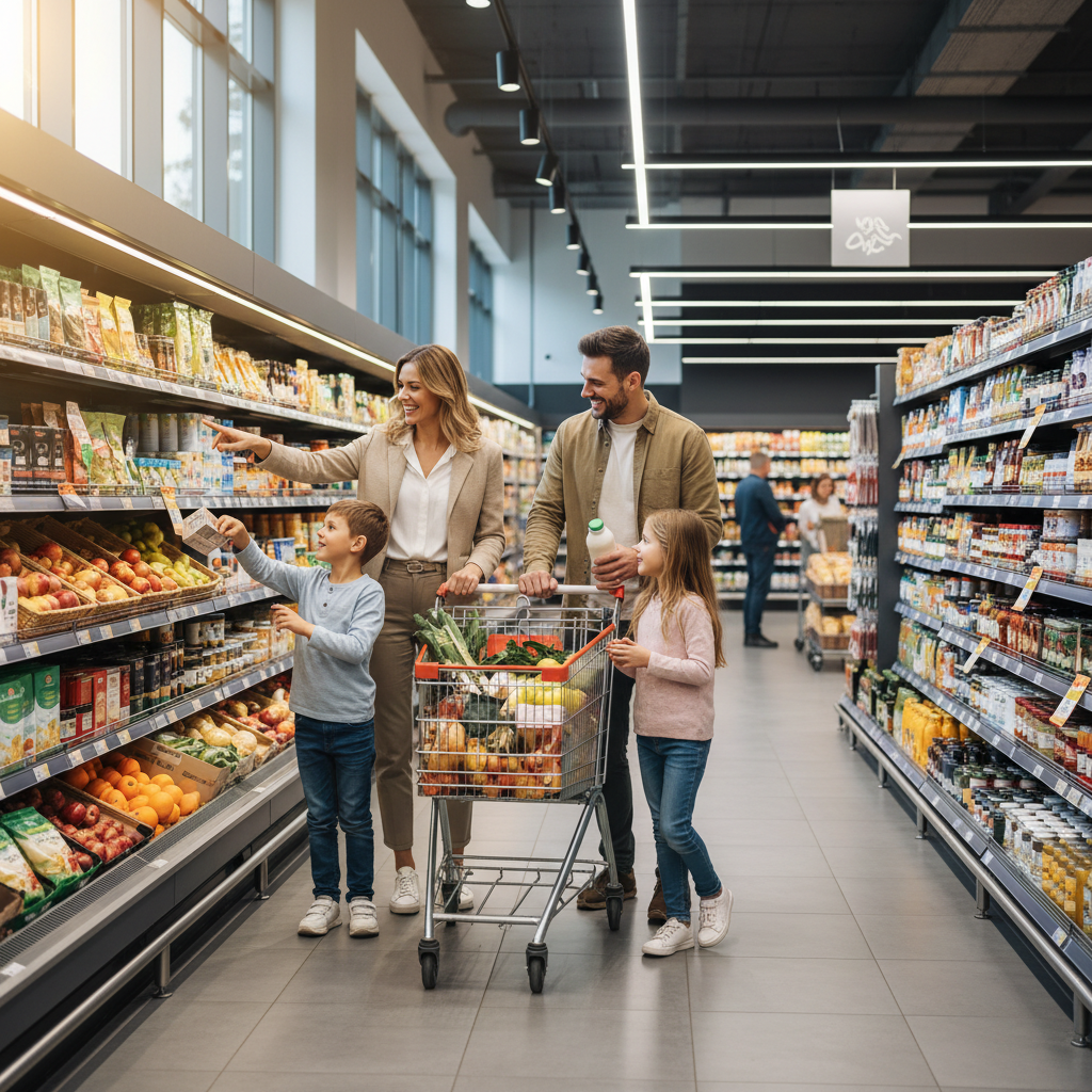 Happy family shopping for groceries in a modern supermarket aisle, bright and clean