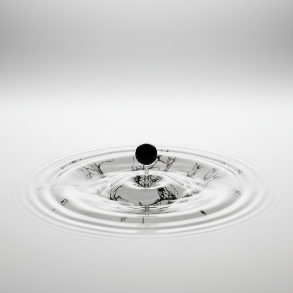 Minimalist art concept showing a single drop of ink creating a complex ripple, symbolizing small size with big impact, neutral background