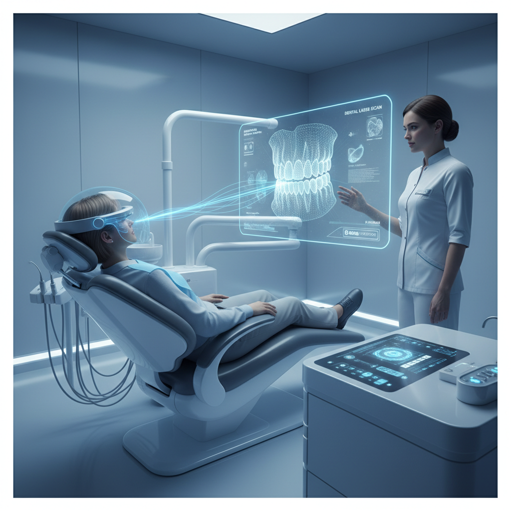 futuristic technology in dentistry, laser scanning teeth, 3d screen, soft blue glow