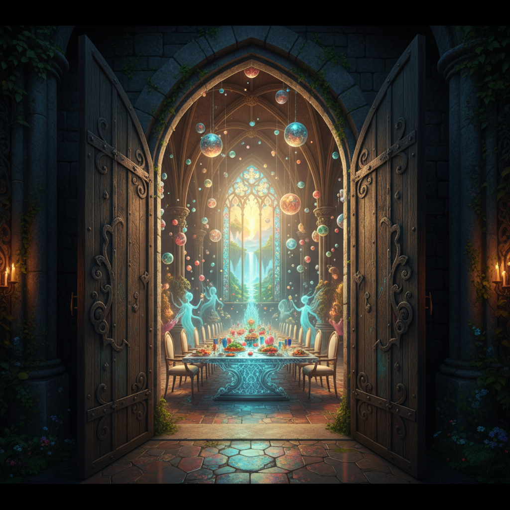 open castle doors revealing a magical glowing dining room, inviting atmosphere, fantasy meets reality, architectural photography