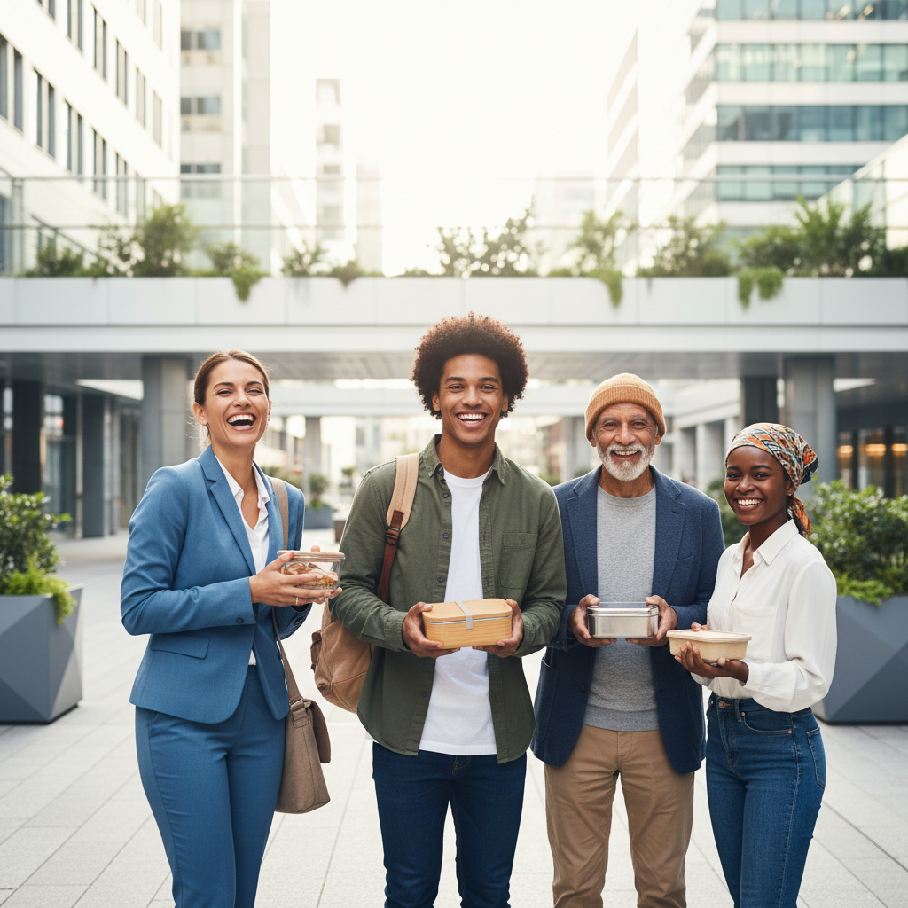A diverse group of happy urban people, including a student with a backpack, an office worker in a suit, and an elderly person, all holding eco-friendly food containers, smiling, bright modern background