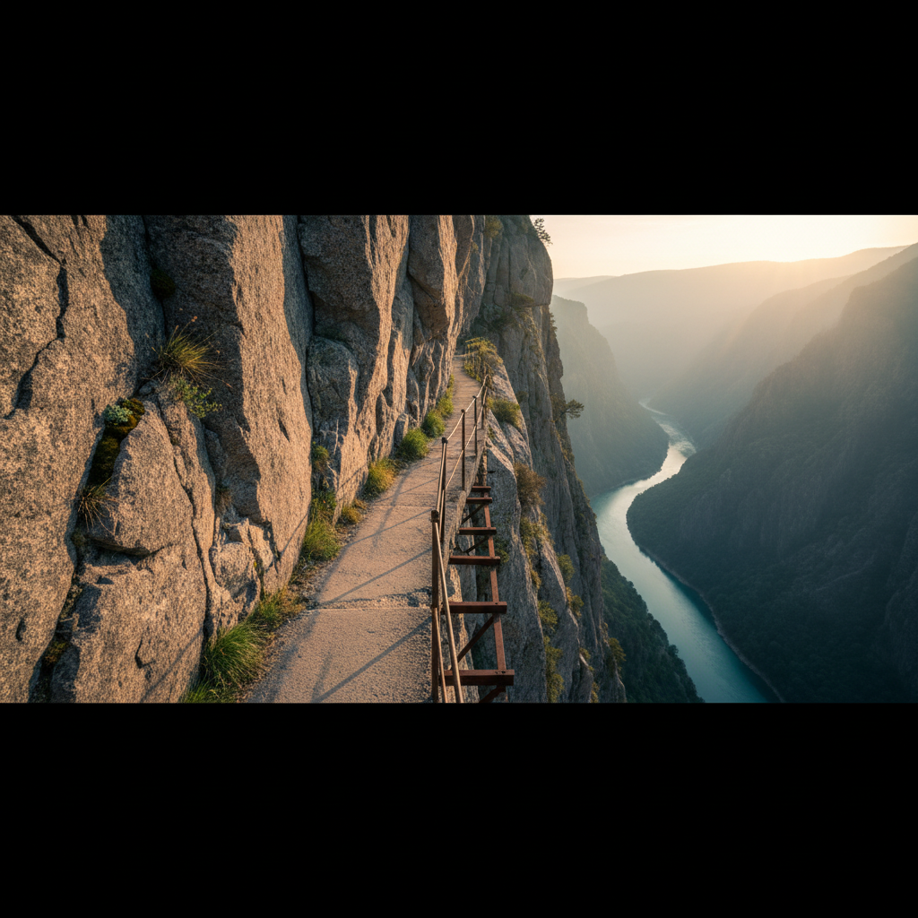 A narrow concrete walkway built along the face of a vertical cliff, frightening height, perspective shot looking down the path, one side is rock wall other side is a drop to the river.
