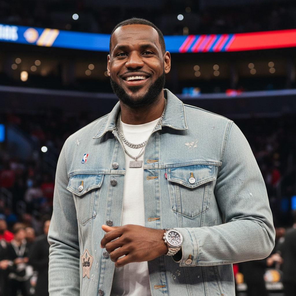 LeBron James smiling during All-Star weekend event, casual but star quality