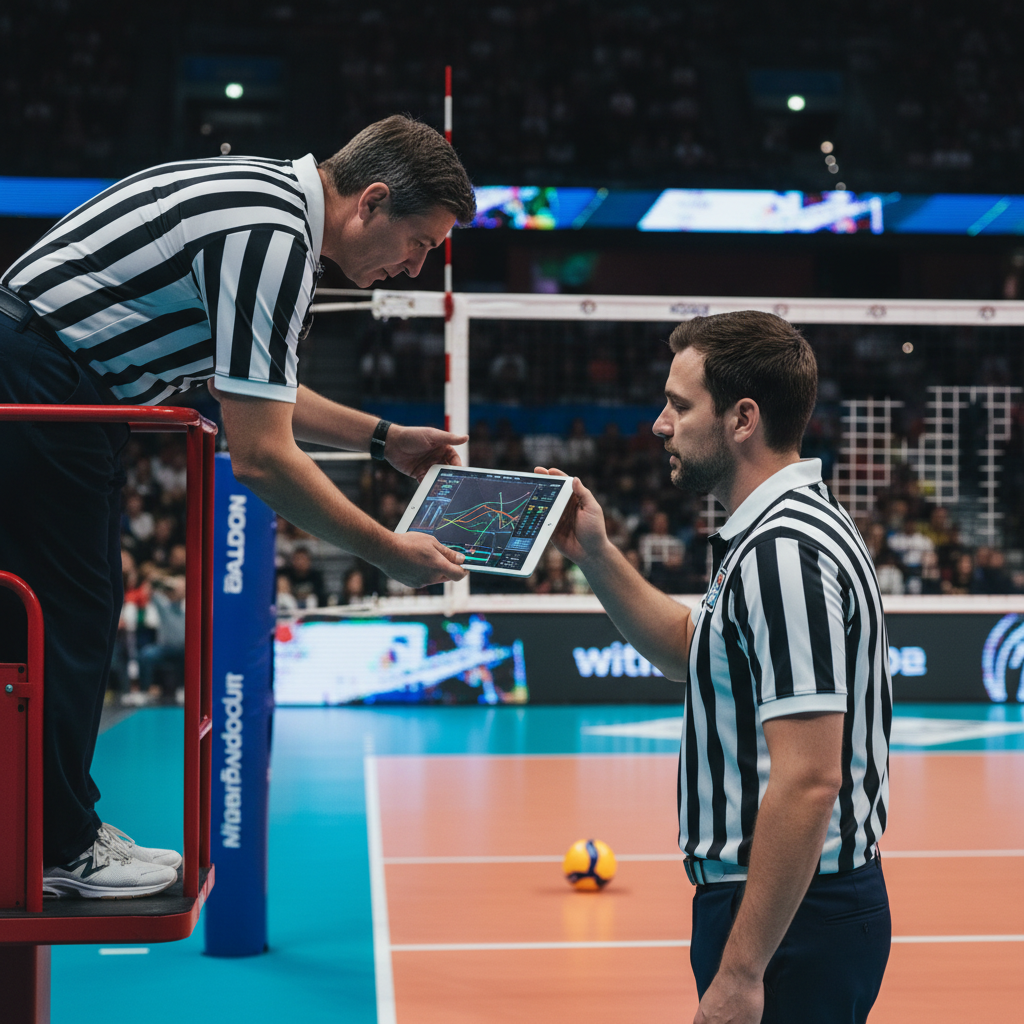 First and second volleyball referees communicating, professional sports setting, focus on teamwork and technology tablet, realistic 4k