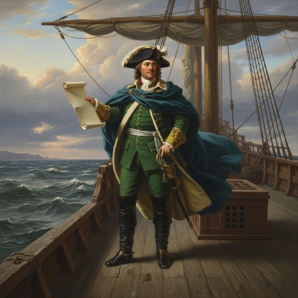 Painting of Peter the Great of Russia standing on a ship deck, wearing 18th century green uniform, holding a scroll, realistic oil painting style