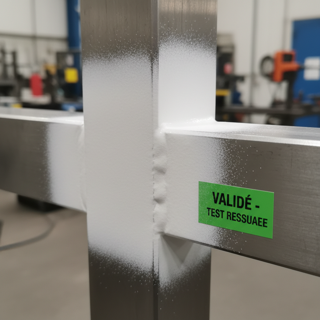 soudure inox recouverte de révélant blanc sans tache rouge test ressuage validé