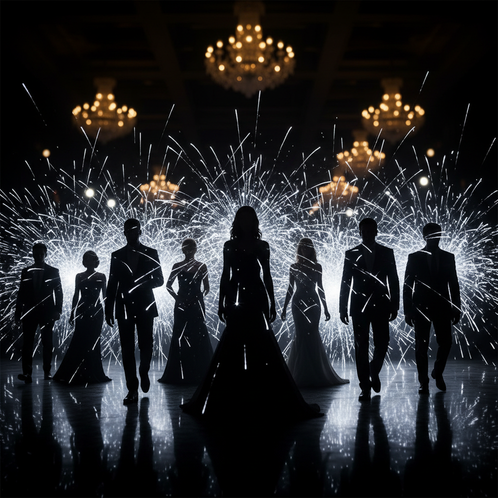 Silhouette of celebrities at high profile event, paparazzi flashes, dark glamorous atmosphere