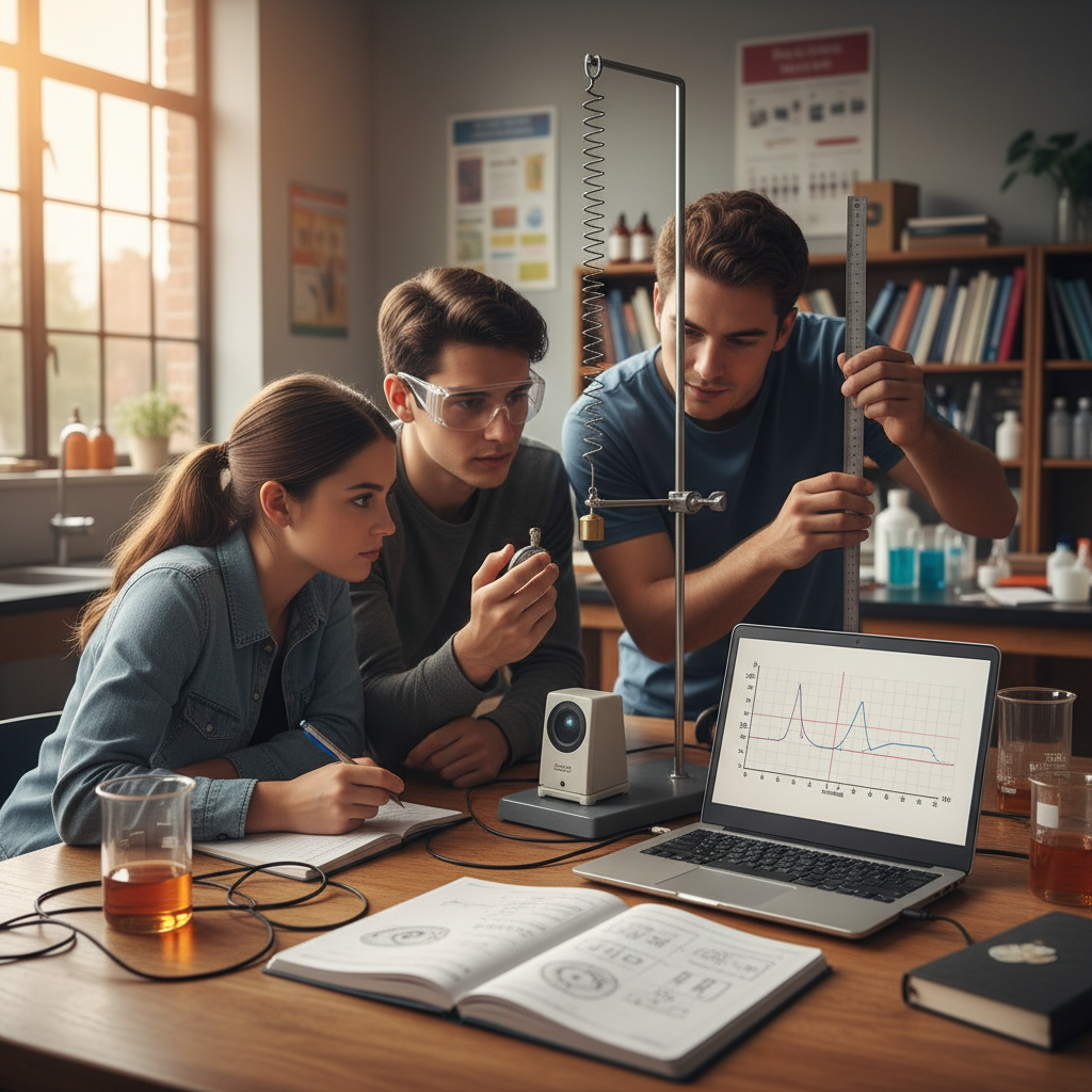 students conducting physics experiment with spring pendulum, measuring time with stopwatch, classroom lab, focused, realistic