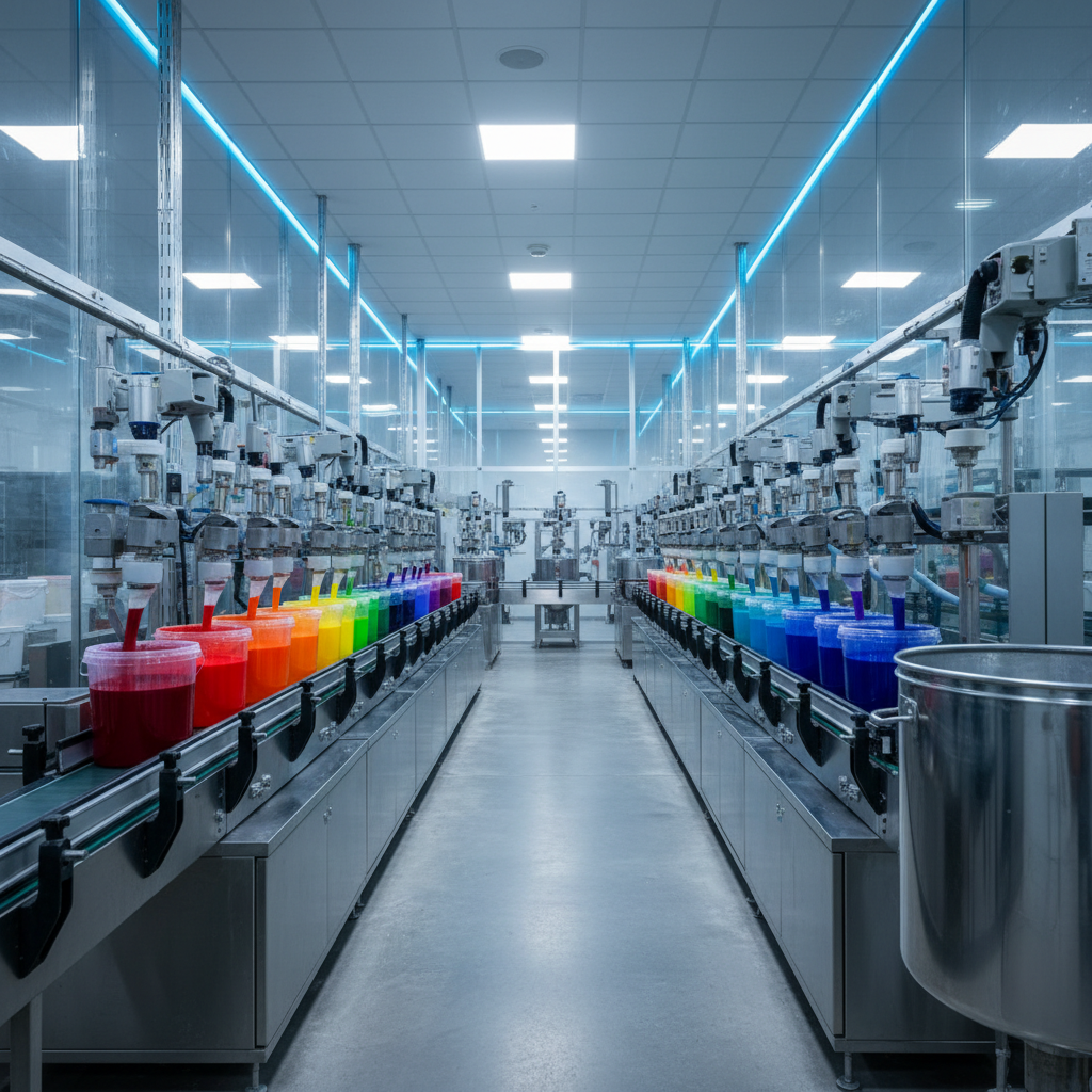 A modern industrial paint mixing facility interior, highly automated with colorful paint buckets, clean and professional lighting, photorealistic