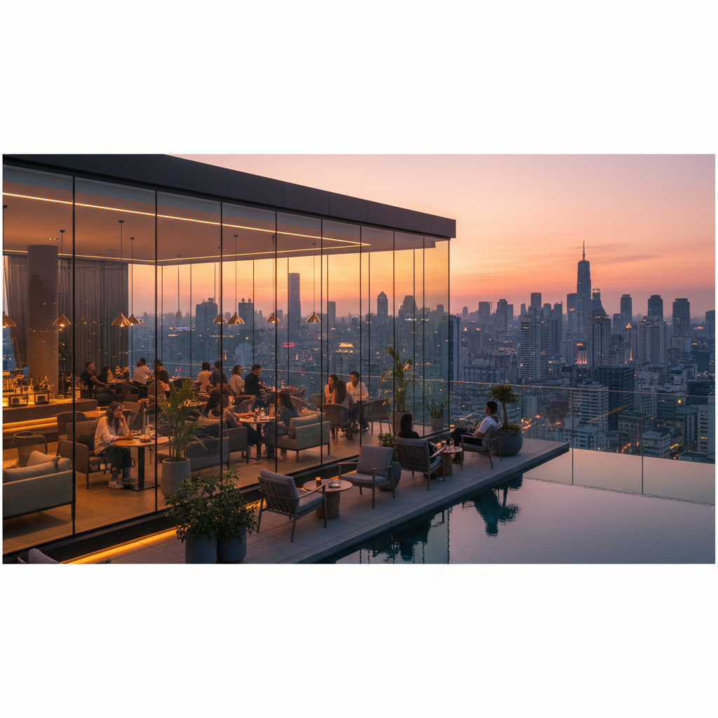 Cinematic shot of a modern rooftop cafe at sunset with a panoramic city skyline view, glass walls, warm lighting, hyperrealistic, 8k