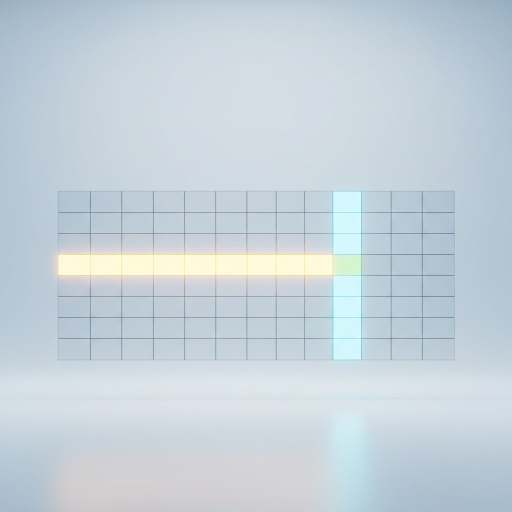 3d illustration of a spreadsheet grid floating in the air, highlighting one horizontal row in glowing yellow and one vertical column in glowing blue, clean design