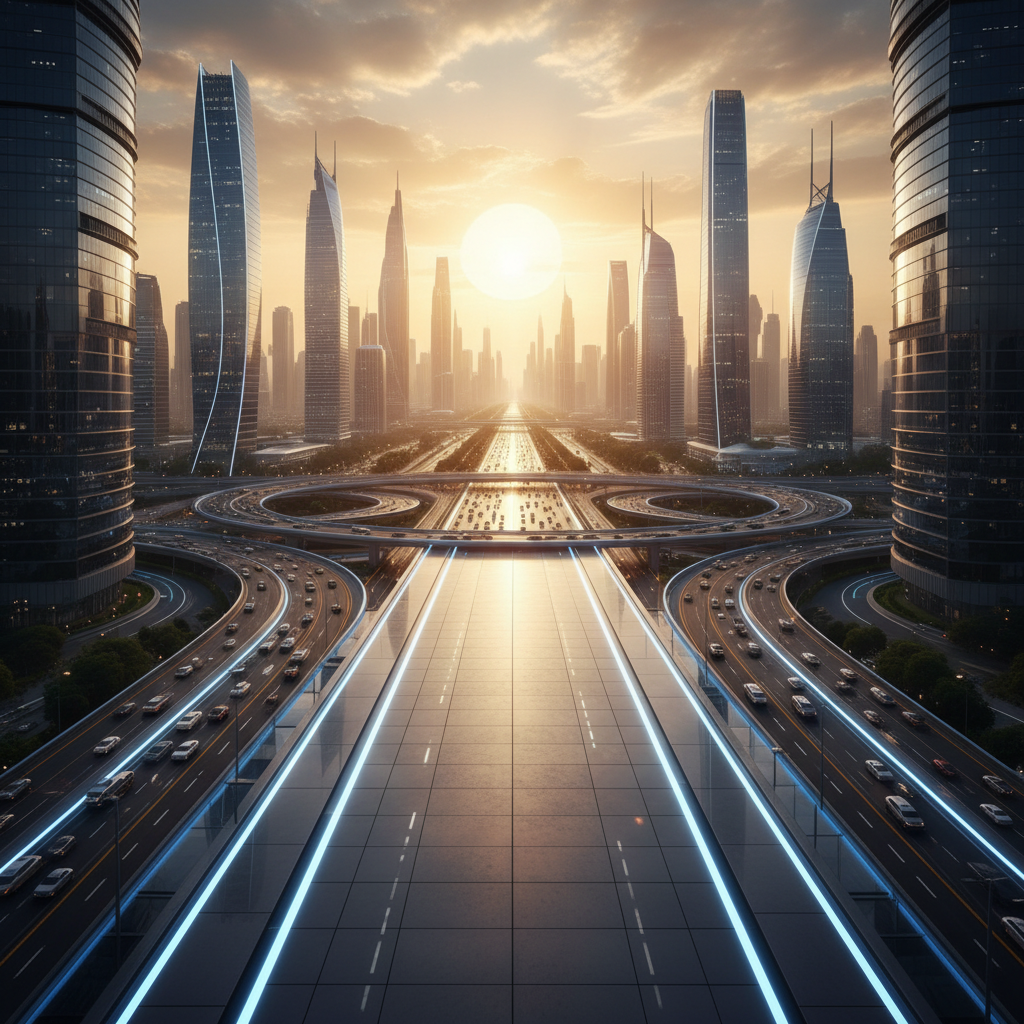 A pathway leading forward into a bright sunrise over a modern cityscape, symbolizing future opportunity, success, and strategic direction