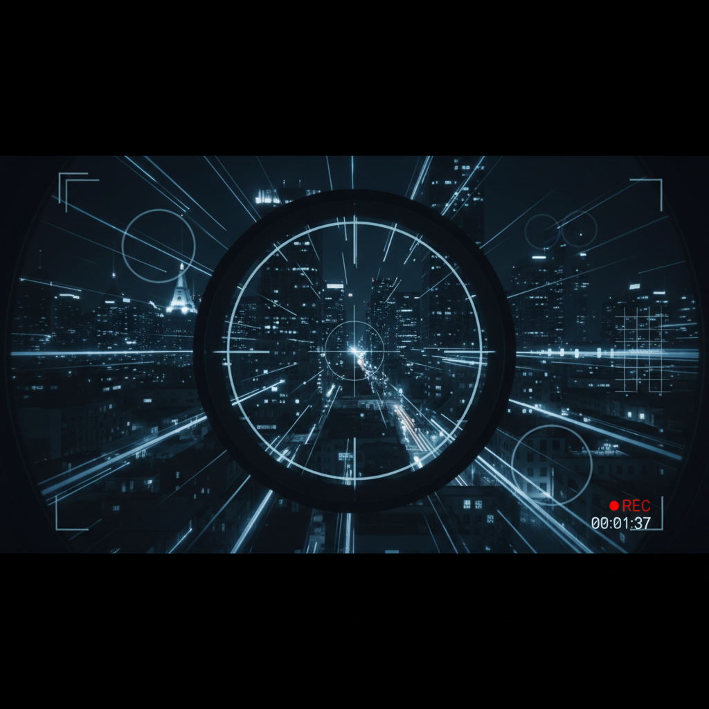 Abstract cinematic image of a city at night seen through a camera lens, dark blue and black tones, mystery, surveillance theme