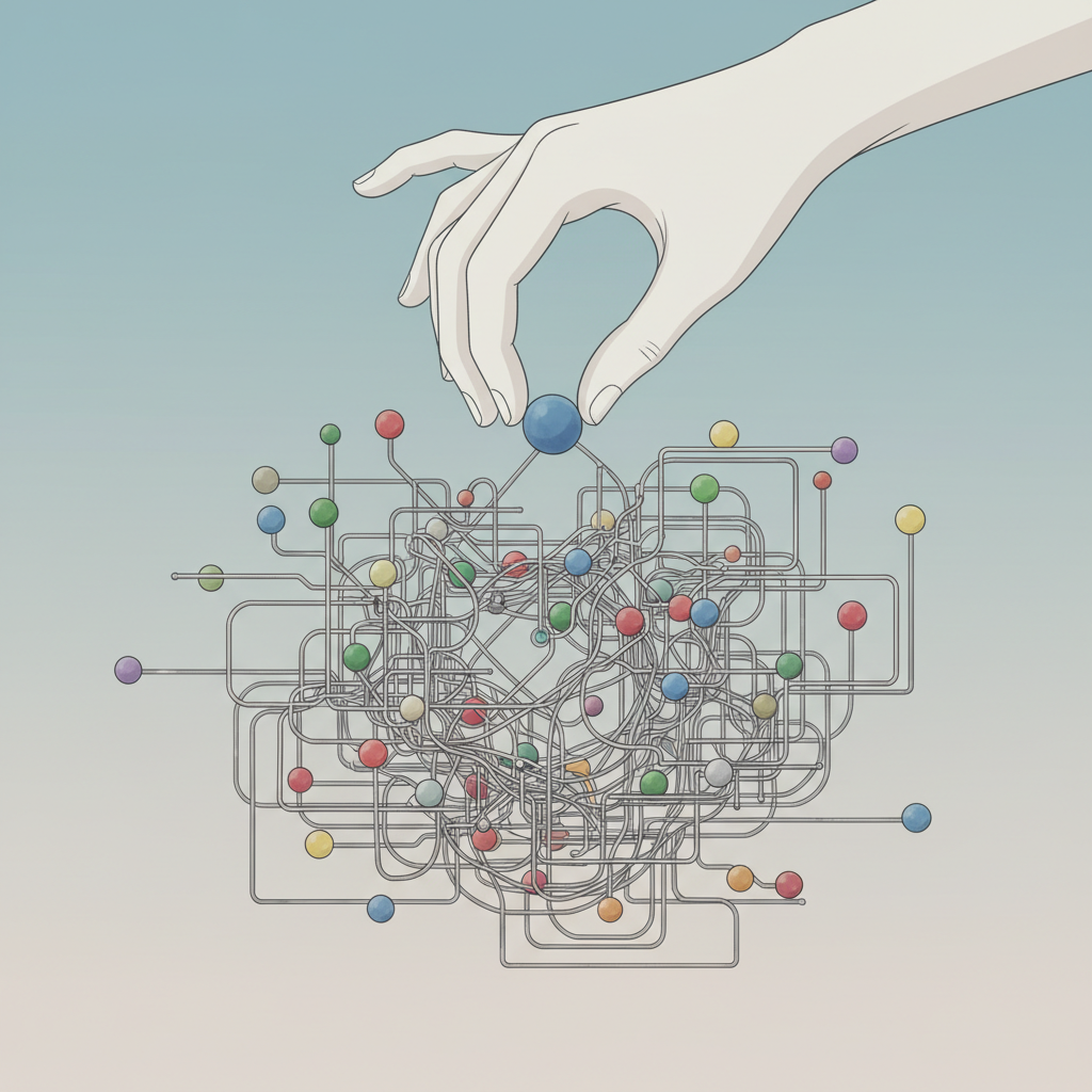 An illustration of a giant hand picking marbles one by one from a complex tangle of wires, symbolizing a slow manual process, minimalism