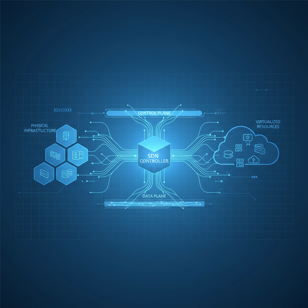 Tech diagram representing software defined networking abstract blue connections