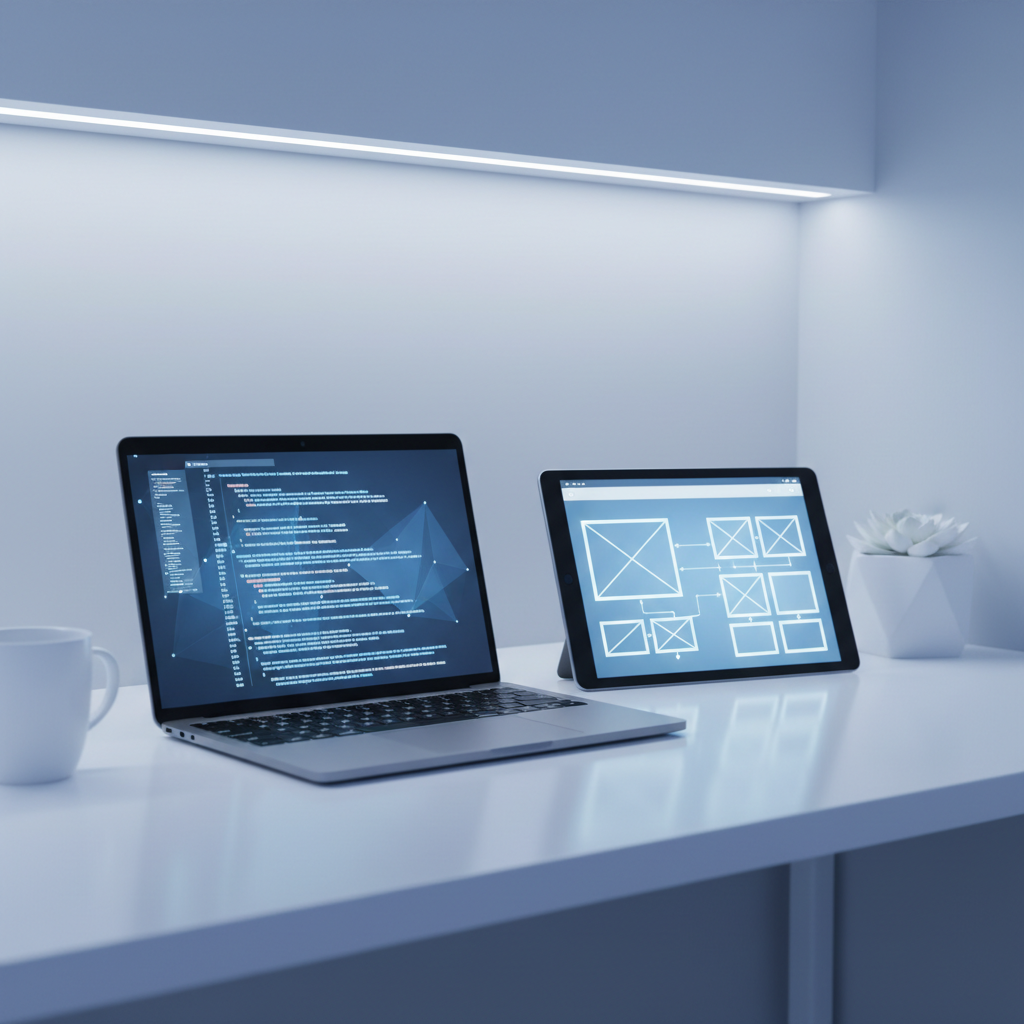 Digital workspace with tablet and laptop displaying code and website wireframes, clean modern minimalist style, blue and white lighting